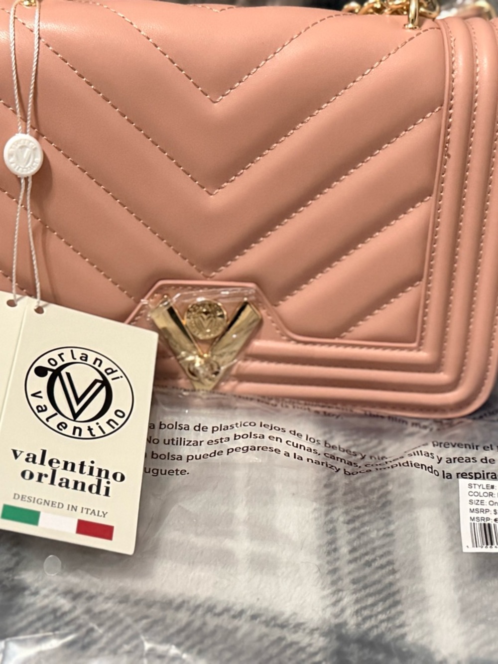 Valentino Orlandi Blush Quilted Crossbody Bag with Gold Hardware